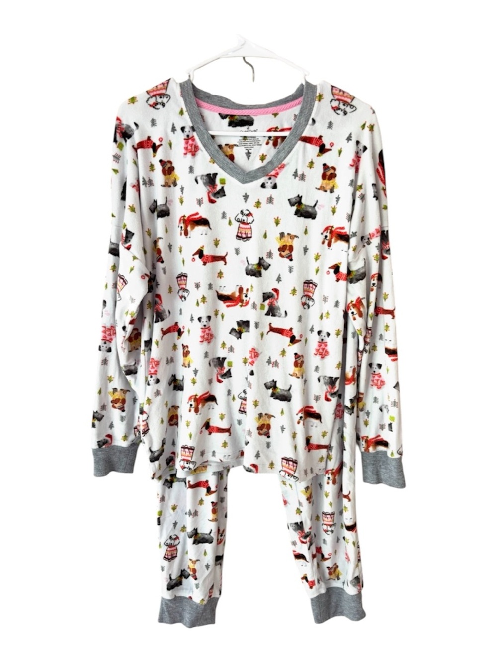 Cuddl Duds White Doggy Christmas Print 2 Pc.Pajama Set Gray Trim SZ M